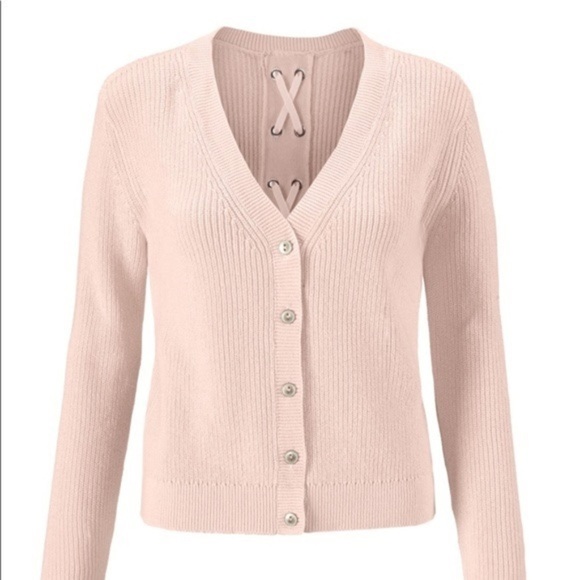 CAbi Sweaters - Cabi Eliza Pink Chunky Knit,m Faux Lace Up Back Button Front Cardigan Sweater